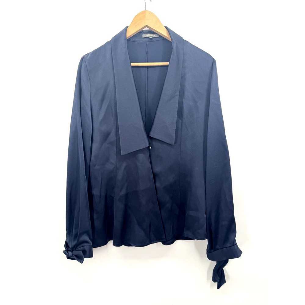 Zac Posen Navy Shawl Collar Deep V-Neck Top 8 Quiet Luxury Minimal Capsule Satin